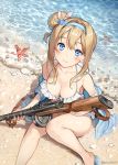  1girl bare_shoulders beach bikini blue_eyes blue_jacket breasts brown_hair caustics cleavage frilled_bikini frills from_above girls_frontline gun hair_bun hair_ornament hairband halterneck highres holding holding_gun holding_weapon jacket looking_at_viewer medium_breasts object_namesake off_shoulder open_clothes open_jacket side_bun sitting smile solo starfish string_bikini submachine_gun sunako_(veera) suomi_kp/-31 suomi_kp31_(girls_frontline) swimsuit thighs water weapon white_bikini 