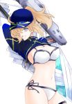  1girl ahoge artoria_pendragon_(all) bangs baseball_cap bikini blonde_hair blue_eyes blue_headwear breasts cleavage eyebrows_visible_through_hair fate/grand_order fate_(series) floating_hair grin hair_between_eyes hair_over_one_eye hat highres long_hair long_sleeves looking_at_viewer medium_breasts mysterious_heroine_xx_(foreigner) navel ponytail shrug_(clothing) side-tie_bikini sideboob simple_background smile solo standing suzuakks swimsuit thigh_strap white_background white_bikini 