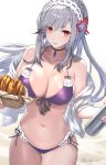  1girl azur_lane bangs bikini blush breasts choker cleavage cuboon dunkerque_(summer_sucre)_(azur_lane) eyebrows_visible_through_hair grey_hair hair_ornament large_breasts long_hair looking_at_viewer navel ponytail purple_bikini sidelocks solo swimsuit twitter_username 