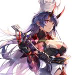  1girl armor bangs bare_shoulders blunt_bangs breasts chef_hat cleavage floating_hair gauntlets gloves hat highres holding holding_spatula honkai_(series) honkai_impact_3rd horns large_breasts long_hair looking_at_viewer oni_horns parted_lips purple_eyes purple_hair raiden_mei raiden_mei_(herrscher_of_thunder) red_horns sidelocks solo spatula very_long_hair zombie-andy 