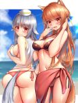  2girls :d animal_ears ass bare_arms bare_shoulders bikini black_bikini breasts cameltoe character_request cloud commentary cowboy_shot english_commentary fang gold_trim hand_on_own_chest hands_up highres holo kaptivate large_breasts long_hair looking_at_viewer medium_breasts multi-strapped_bikini multiple_girls navel ocean open_mouth orange_hair outdoors red_bikini red_eyes sarong shirt side-tie_bikini silver_hair skindentation sky sleeveless sleeveless_shirt slit_pupils smile spice_and_wolf standing stomach strap_gap swimsuit tail thighs twisted_torso white_headwear white_shirt wolf_ears wolf_tail 