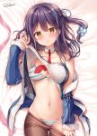  1girl azur_lane bare_shoulders bed_sheet bikini black_hair blue_jacket breasts brown_eyes brown_legwear collarbone commentary_request dakimakura detached_collar front-tie_bikini front-tie_top groin hair_ornament halterneck highres jacket long_hair long_sleeves looking_at_viewer lying medium_breasts mullany_(azur_lane) navel necktie no_pants off_shoulder on_back one_side_up open_clothes open_jacket pantyhose pantyhose_pull parted_lips see-through shirt shirt_lift sleeveless sleeveless_shirt solo sousouman stomach string_bikini sweat swimsuit thighband_pantyhose white_shirt x_hair_ornament 