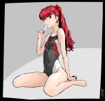  1girl bangs breasts eyebrows_visible_through_hair feet food hair_ornament ice_cream long_hair looking_at_viewer one-piece_swimsuit persona persona_5 persona_5_the_royal pinky_out ponytail popsicle red_eyes red_hair red_ribbon ribbon sitting small_breasts swimsuit thighs toes wariza yagyugoro yoshizawa_kasumi 
