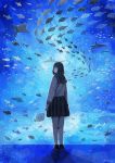  1girl aquarium arms_at_sides artist_name bangs black_hair blue_theme commentary_request fish long_sleeves looking_back manta_ray medium_hair nomiya_(no_38) original pleated_skirt school_uniform shirt shoes skirt socks standing water watermark white_legwear white_shirt 