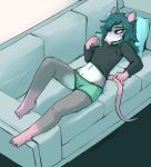  2019 abby_(rainbowsprinklesart) absurd_res anthro aroused black_clothing black_topwear blush bodily_fluids bottomwear braces buckteeth cellphone clothed clothing female fully_clothed furniture genital_fluids green_bottomwear green_clothing hi_res holding_object holding_phone lying mammal mouse murid murine nipple_outline on_back on_sofa phone pussy_juice pussy_juice_through_clothing rainbowsprinklesart rodent shorts sofa solo teeth topwear wet wet_clothing 