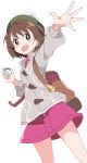  1girl backpack bag brown_eyes brown_hair cardigan green_headwear grey_cardigan holding holding_poke_ball ixy long_sleeves open_mouth outstretched_arm poke_ball poke_ball_(basic) pokemon pokemon_(game) pokemon_swsh short_hair silver_hair solo tam_o&#039;_shanter white_background yuuri_(pokemon) 