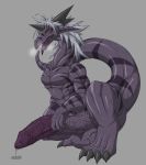  2019 4_toes balls big_balls big_penis bodily_fluids breath claws genital_fluids genitals grey_background grey_hair hair half-erect hi_res horn huge_balls huge_penis hyper hyper_balls hyper_genitalia hyper_penis keidragons male nude open_mouth penis precum purple_body raguro_(keidragons) red_eyes simple_background solo text toes tongue tongue_out vein veiny_penis 