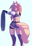 2020 anthro black_nose bottomwear breasts canid canine canis clothing female fur gloves handwear holding_clothing holding_object kiit0s mammal rear_view shorts simple_background solo standing tan_body tan_fur white_background wolf 