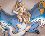  2020 anthro armor biped blonde_hair blue_body blush breasts claws clothed clothing dragon feathered_dragon feathered_wings feathers feet female hair happy headgear helmet hi_res horn konami long_neck looking_at_viewer lying nipples nude pikajota purple_eyes saffira_queen_of_dragons scalie seductive smile solo spread_legs spreading wings yu-gi-oh 