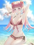  1girl arms_up beach bikini blue_sky closed_mouth cloud day fire_emblem fire_emblem:_three_houses flower hair_flower hair_ornament highres hilda_valentine_goneril long_hair outdoors pink_eyes pink_hair sitting sky smile solo swimsuit twintails uni_(uni9248) water 