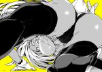  1girl all_fours animal_ears ass bare_shoulders boku_no_hero_academia breasts bunny_ears bunny_tail from_below gloves greyscale large_breasts leotard looking_at_viewer looking_back mirko monochrome partially_visible_vulva simple_background smile solo tail takatsuki_ichi teeth thighhighs thong_leotard yellow_background 
