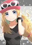  1girl absurdres black_shirt blonde_hair blue_eyes bracelet closed_mouth collarbone eyewear_on_headwear floating_hair hand_in_hair highres jewelry long_hair looking_at_viewer low-tied_long_hair negimiso1989 pink_headwear pokemon pokemon_(game) pokemon_xy serena_(pokemon) shiny shiny_hair shirt sleeveless sleeveless_shirt smile solo upper_body very_long_hair white-framed_eyewear 