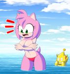  2020 4_fingers absurd_res amy_rose anthro big_breasts bikini breasts chao_(sonic) clothing covering covering_breasts dr._chaos duo eulipotyphlan eyes_closed fangs female fingers fur green_eyes hedgehog hi_res mammal open_mouth pink_body pink_fur smile sonic_the_hedgehog_(series) swimwear tongue water yellow_body 