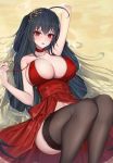  1girl ahoge azur_lane bangs bare_shoulders black_hair black_legwear blush breasts choker cleavage cocktail_dress collarbone dress eyebrows_visible_through_hair hair_between_eyes hair_ornament highres large_breasts long_hair looking_at_viewer lying navel on_back parted_lips pulled_by_self red_choker red_dress red_eyes sherryqq solo strap_pull taihou_(azur_lane) taihou_(forbidden_feast)_(azur_lane) thighhighs thighs very_long_hair water 