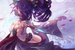  1girl akali ass breasts bridal_gauntlets cleavage fundoshi hair_ornament hand_up holding holding_weapon japanese_clothes kimono knife large_breasts league_of_legends long_hair looking_at_viewer mask mitsu_(mitsu_art) off_shoulder ponytail purple_hair purple_kimono purple_nails sarashi solo tattoo weapon 