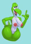  2020 anthro areola beta_yoshi breasts female genitals green_body green_yoshi half-closed_eyes hi_res komdog mario_bros multicolored_body narrowed_eyes nintendo nipples open_mouth pussy reptile scalie simple_background solo tongue two_tone_body video_games white_body 
