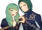  1boy 1girl beard brother_and_sister closed_mouth facial_hair fire_emblem fire_emblem:_three_houses flayn_(fire_emblem) garreg_mach_monastery_uniform green_eyes green_hair hair_ornament highres kusodekablack long_hair long_sleeves one_eye_closed open_mouth seteth_(fire_emblem) short_hair siblings simple_background smile uniform upper_body white_background 