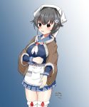  1girl apron black_hair blue_background blue_sailor_collar blue_skirt breasts brown_jacket cowboy_shot dated frilled_apron frills gradient gradient_background hair_flaps highres jacket jingei_(kantai_collection) kantai_collection large_breasts long_hair long_sleeves looking_at_viewer neckerchief pleated_skirt red_eyes sailor_collar senon skirt solo thighhighs twitter_username white_apron white_legwear white_neckwear 
