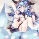  1boy 1girl animal_ears arms_up bare_shoulders belt bikini blue_hair blue_skirt blush breasts bunny_ears cleavage earrings erune eyebrows_visible_through_hair ferry_(granblue_fantasy) granblue_fantasy hetero highres hoop_earrings implied_sex jewelry leg_grab leg_up long_hair looking_at_viewer loose_belt lying missionary navel on_back open_mouth ozehex pov single_earring skirt small_breasts spread_legs swimsuit vaginal wavy_hair yellow_eyes 