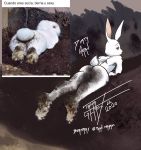  2020 ambiguous_gender anthro beastars butt dirt dirty domestic_rabbit duo female feral fur haru_(beastars) hi_res lagomorph leporid looking_at_viewer looking_back looking_back_at_viewer lying mammal mud nude on_front oryctolagus photography_(artwork) rabbit rear_view reference_image signature spanish_text taka_studio text translated white_body white_fur 