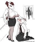  2019 absurd_res anthro anthro_on_anthro big_breasts blush bottomwear bovid breasts brown_hair bulge caprine clothed clothing dress_shirt duo_focus equid equine erection erection_under_clothing exposed_breasts female fur goat group hair hi_res horn horse huge_breasts kneeling male male/female mammal necktie nipples open_shirt pants partially_clothed puffy_nipples rainbowsprinklesart shirt skirt standing submissive submissive_male topwear white_body white_fur 