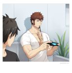  1boy 47 beard between_pecs blue_eyes brown_hair bubble_tea bubble_tea_challenge chest commentary controller cup drinking_straw facial_hair fate/grand_order fate_(series) fujimaru_ritsuka_(male) joystick looking_at_another looking_to_the_side male_focus napoleon_bonaparte_(fate/grand_order) object_on_pectorals open_clothes open_mouth pectorals scar sitting solo_focus 