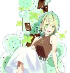  1girl bare_arms bare_shoulders chocolate earrings feet_out_of_frame food green_eyes green_hair hand_on_own_knee high-waist_skirt highres jewelry mint multicolored_hair necklace okutani_toro open_mouth original ribbed_sweater sitting skirt sleeveless sleeveless_sweater smile solo sweater symbol_commentary tied_hair two-tone_hair white_skirt 