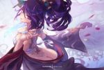  1girl akali ass breasts bridal_gauntlets cleavage hair_ornament hand_up holding holding_weapon japanese_clothes kimono knife large_breasts league_of_legends long_hair looking_at_viewer mitsu_(mitsu_art) no_panties off_shoulder parted_lips ponytail purple_hair purple_kimono purple_nails sarashi smile solo tattoo weapon 