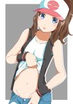  1girl absurdres baseball_cap blue_eyes blue_shorts blush brown_hair collarbone denim denim_shorts grey_background groin hat high_ponytail highres lifted_by_self long_hair looking_at_viewer midriff navel negimiso1989 open_mouth poke_ball_print pokemon pokemon_(game) pokemon_bw print_headwear pulled_by_self shiny shiny_hair shirt shirt_lift short_shorts shorts shorts_pull sleeveless sleeveless_shirt solo standing stomach touko_(pokemon) two-tone_background white_background white_headwear white_shirt 