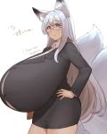  2020 animal_humanoid big_breasts blush bottomwear breasts business_suit canid canid_humanoid canine canine_humanoid clothing dipstick_ears eyewear female fox_humanoid glasses hair hand_on_hip hi_res huge_breasts humanoid hyper hyper_breasts looking_at_viewer mammal mammal_humanoid mog_(artist) multi_tail multicolored_ears open_mouth silver_hair simple_background skirt solo suit white_background 