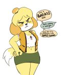  2018 absurd_res animal_crossing anthro blonde_hair bottomwear canid canine canis cardigan clothed clothing dialogue domestic_dog english_text female front_view fully_clothed hair hand_on_hip hi_res humor isabelle_(animal_crossing) jacket mammal nintendo open_jacket portrait rainbowsprinklesart shih_tzu skirt solo text three-quarter_portrait topwear torn_clothing toy_dog video_games yellow_body 