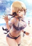  2girls azur_lane bangs bare_shoulders bikini blonde_hair blue_eyes blush breasts commentary_request hair_ornament highres iron_cross javelin_(beach_picnic!)_(azur_lane) lefthand looking_at_viewer medium_breasts multiple_girls open_mouth ponytail purple_hair see-through short_hair smile swimsuit z23_(two-man_cell_match!)_(azur_lane) 