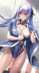  1girl alternate_costume azur_lane bangs bench blue_towel blush braid breasts cleavage covered_navel cuboon detached_collar essex_(azur_lane) eyebrows_visible_through_hair hair_ribbon holding holding_towel large_breasts lavender_hair long_hair looking_to_the_side one-piece_swimsuit pink_lips purple_swimsuit red_neckwear ribbon sidelocks standing swimsuit thighs towel twintails very_long_hair 