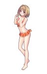  1girl :d bangs barefoot bikini bikini_skirt blonde_hair blush bow breasts cleavage collarbone eyebrows_visible_through_hair frilled_bikini frills front-tie_bikini front-tie_top full_body groin hair_intakes hairband kushida_kikyou medium_breasts medium_hair microskirt navel official_style open_mouth orange_bikini orange_bow orange_skirt red_eyes shiny shiny_hair simple_background skirt smile solo standing striped striped_bikini swimsuit werkbau white_background white_hairband youkoso_jitsuryoku_shijou_shugi_no_kyoushitsu_e 