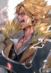  1boy beard blonde_hair blue_eyes brown_jacket collared_shirt dual_wielding facial_hair fur_trim guilty_gear guilty_gear_strive hankuri holding holding_weapon jacket leo_whitefang long_hair looking_to_the_side male_focus open_mouth shirt short_hair simple_background solo spiked_hair sword weapon white_background 