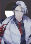  1boy black_hair divus_crewel fur_scarf gloves grey_background highres looking_at_viewer male_focus multicolored_hair necktie okono13 red_gloves red_neckwear silver_eyes solo twisted_wonderland two-tone_hair upper_body vest white_hair 