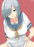  1girl artist_name blue_eyes blue_sailor_collar blush breasts buttons collarbone hair_ornament hair_over_one_eye hairclip hamakaze_(kantai_collection) kantai_collection large_breasts moti_coi neckerchief red_background sailor_collar school_uniform serafuku short_hair signature silver_hair simple_background solo yellow_neckwear 