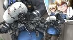  1girl ammunition_pouch anomonny blonde_hair blue_eyes blue_skirt breasts girls_frontline gun highres large_breasts magazine_(weapon) miniskirt pantyhose pouch rifle shirt short_hair skirt sniper_rifle sniper_scope solo tactical_clothes tight_shirt vsk-94_(girls_frontline) weapon 