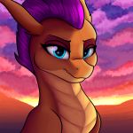  1:1 2_horns absurd_res blue_eyes confusion dragon eyebrows eyelashes female friendship_is_magic hair half-closed_eyes hasbro hi_res horn looking_at_viewer misty_horizon my_little_pony narrowed_eyes orange_body orange_scales purple_hair reptile scales scalie smolder_(mlp) solo spikes sunset 