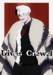  1boy black_hair divus_crewel earrings formal fur_coat highres jacket jewelry long_sleeves looking_at_viewer male_focus multicolored_hair necktie nithunithu22 short_hair silver_hair simple_background solo suit twisted_wonderland upper_body white_background 