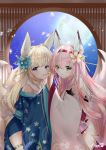  2girls absurdres animal_ears azur_lane bare_legs bell blue_kimono cherry_blossoms flower fox_ears fox_girl fox_tail hair_flower hair_ornament hanazuki_(azur_lane) highres japanese_clothes jingle_bell kimono kitsune long_hair multiple_girls nako_nya night niizuki_(azur_lane) open_mouth open_window petals pink_hair standing tail thick_eyebrows thighhighs white_kimono white_legwear wide_sleeves window yuri 