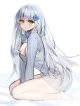  1girl absurdres bangs bare_legs blue_hair blue_sweater blush breasts cleavage eyebrows_visible_through_hair girls_frontline green_eyes highres hk416_(girls_frontline) hyoin large_breasts long_hair looking_at_viewer meme_attire no_shoes seiza sitting solo sweater virgin_killer_sweater white_background 