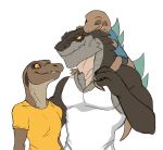  anthro breasts claws closed_smile clothed clothing digital_media_(artwork) dinosaur dromaeosaurid family father father_and_child female front_view godzilla godzilla_(series) group half-length_portrait hybrid kaiju larger_anthro larger_male male mature_anthro mature_female mature_male monotone_clothing monotone_shirt monotone_topwear monster mother mother_and_child mother_and_son mouth_closed multicolored_body multicolored_scales muscular muscular_anthro muscular_male onitomakirei parent parent_and_child portrait reptile scales scalie shirt simple_background size_difference smaller_anthro smaller_female smile snout son teeth theropod toho topwear velociraptor white_background white_clothing white_shirt white_topwear yellow_clothing yellow_shirt yellow_topwear young 