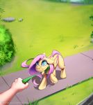  2020 collar conditional_dnp cutie_mark detailed_background digital_media_(artwork) disembodied_hand duo equid equine eyebrows female feral fluttershy_(mlp) friendship_is_magic grass hasbro hi_res human leash mammal my_little_pony outside pegasus smile solo_focus sugarlesspaints text url wings 