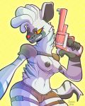  absurd_res anthro breasts fangs female fur grey_nipples gun hi_res hyaenid mammal mostly_nude nipples ranged_weapon red_eyes red_nose simple_background snappygrey weapon white_body white_fur yellow_background 