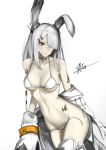  1girl animal_ears arknights bangs bare_shoulders bikini blush breasts bunny_ears bunny_girl chaciooh cleavage closed_mouth collarbone commentary_request cowboy_shot frostnova_(arknights) groin hair_ornament hair_over_one_eye hairclip highres jacket large_breasts long_hair looking_at_viewer navel off-shoulder_jacket off_shoulder open_bikini open_clothes pale_skin red_eyes revision scar silver_hair simple_background solo stomach string_bikini swimsuit thighhighs white_background white_bikini white_jacket white_legwear 