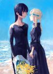  2girls bangs black_dress black_hair blue_bow blunt_bangs bouquet bow closed_eyes day dress dyuba000 facing_another flower hair_bow highres holding holding_bouquet holding_hands long_hair long_sleeves looking_at_another multiple_girls ocean original outdoors twintails 