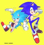 555_pn absurd_res anthro black_eyes blue_body blue_fur classic_sonic classic_sonic_(universe) clothing crossed_legs duo english_text eulipotyphlan footwear fur gloves green_eyes hand_holding handwear hedgehog hi_res male mammal open_mouth open_smile shoes simple_background smile sonic_the_hedgehog sonic_the_hedgehog_(series) square_crossover text yellow_background 