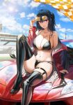  1girl absurdres adjusting_eyewear azur_lane bangs bare_shoulders bikini black_bikini black_choker black_hair black_legwear blush breasts car checkered checkered_flag choker cleavage collarbone day eyewear_on_head flag ground_vehicle hair_between_eyes high_heels highres huge_filesize jacket knees_up large_breasts long_hair looking_at_viewer motor_vehicle navel outdoors parted_lips race_queen red_eyes red_jacket sitting skindentation smile solo ssuel stomach swimsuit taihou_(azur_lane) taihou_(enraptured_companion)_(azur_lane) thighhighs thighs tinted_eyewear 