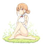  1girl bangs bare_arms bare_shoulders barefoot blush bottomless breasts brown_hair closed_mouth collarbone collared_shirt eyebrows_visible_through_hair full_body groin hair_between_eyes hair_bun hand_up hatsunatsu knee_up looking_at_viewer on_grass red_eyes shirt sidelocks sitting sleeveless sleeveless_shirt small_breasts solo white_background white_shirt xiaoyuan_(you_can_eat_the_girl) you_can_eat_the_girl 
